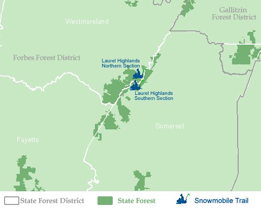 Map showing snowmobile trail locations within the Laurel Highlands region of Pennsylvania