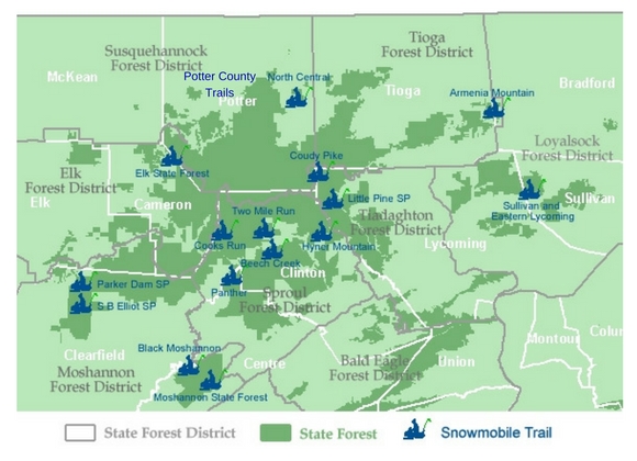 Map showing snowmobile trail locations within the northcentral mountains region of Pennsylvania