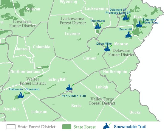 Map showing snowmobile trail locations within the Pocono and eastcentral mountains region of Pennsylvania