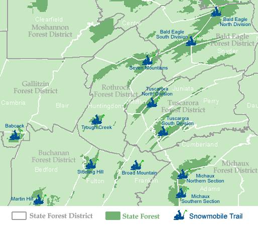 Map showing snowmobile trail locations within the central and southcentral region of Pennsylvania